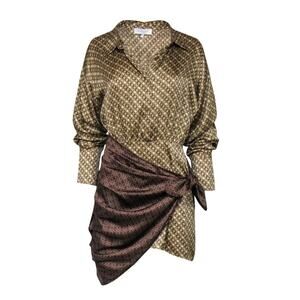 The Kamille Mini Shirt Dress Tan Chain L'Academie Sarong Wrap Tie hidden zipper